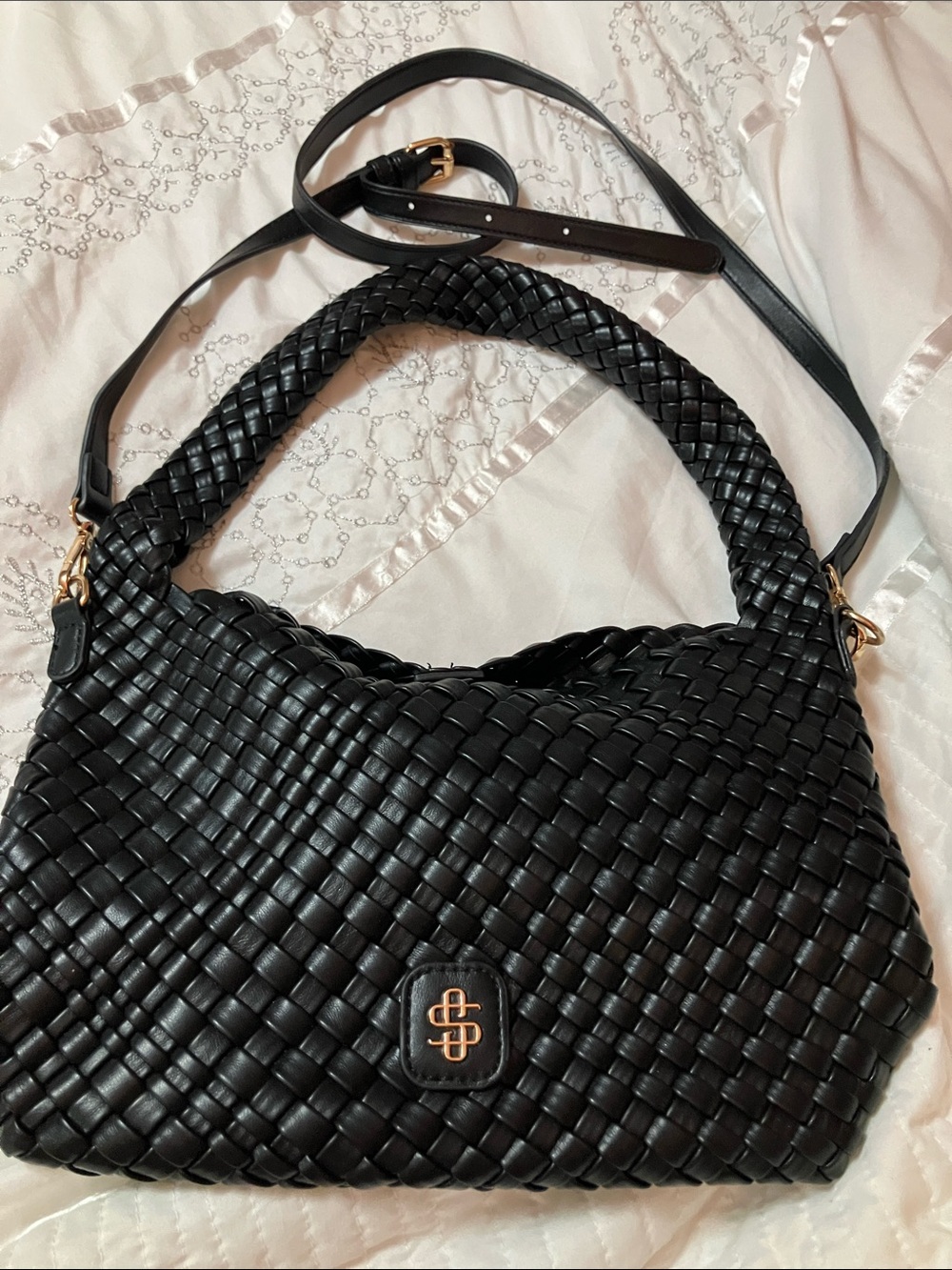 Simply Southern Black Woven Shoulder Bag with Gold-Tone Logo